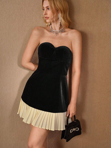 MOTF STUDIO VELVET CONTRAST PLEATED HEM BUSTIER TUBE SHORT DRESS