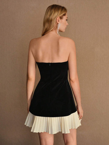 MOTF STUDIO VELVET CONTRAST PLEATED HEM BUSTIER TUBE SHORT DRESS