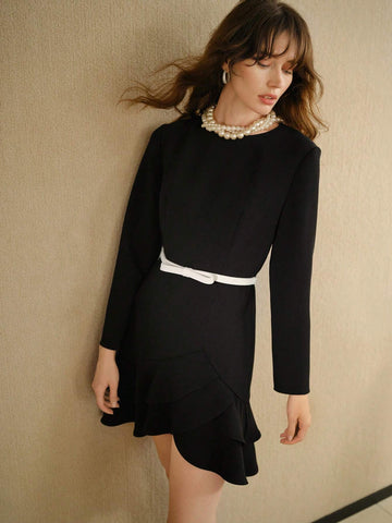 MOTF STUDIO WRAP ASYMMETRICAL RUFFLE HEM SHORT DRESS WITH CONTRAST BOW BELT