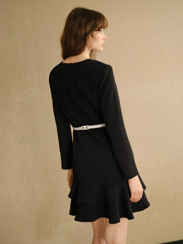 MOTF STUDIO WRAP ASYMMETRICAL RUFFLE HEM SHORT DRESS WITH CONTRAST BOW BELT