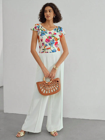 MOTF X MARIA-VICTORIA CHECA FLORAL PRINT V-NECK FLUTTER SLEEVE BLOUSE
