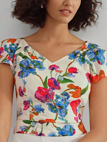 MOTF X MARIA-VICTORIA CHECA FLORAL PRINT V-NECK FLUTTER SLEEVE BLOUSE