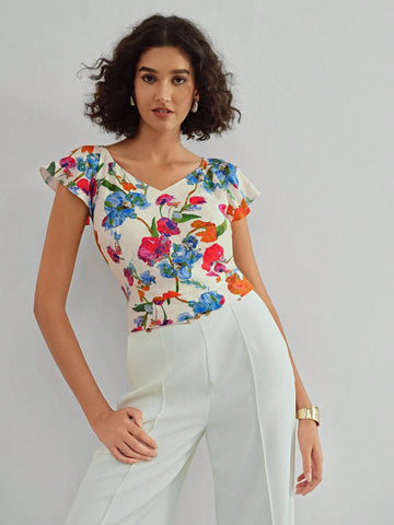 MOTF X MARIA-VICTORIA CHECA FLORAL PRINT V-NECK FLUTTER SLEEVE BLOUSE