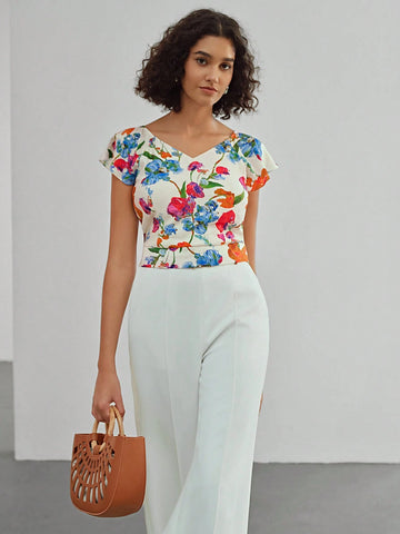 MOTF X MARIA-VICTORIA CHECA FLORAL PRINT V-NECK FLUTTER SLEEVE BLOUSE