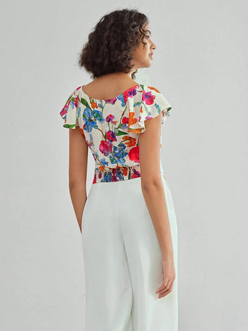 MOTF X MARIA-VICTORIA CHECA FLORAL PRINT V-NECK FLUTTER SLEEVE BLOUSE