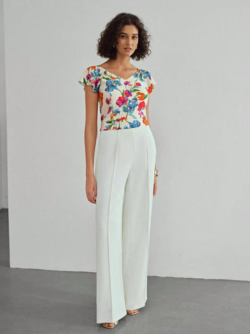 MOTF X MARIA-VICTORIA CHECA FLORAL PRINT V-NECK FLUTTER SLEEVE BLOUSE
