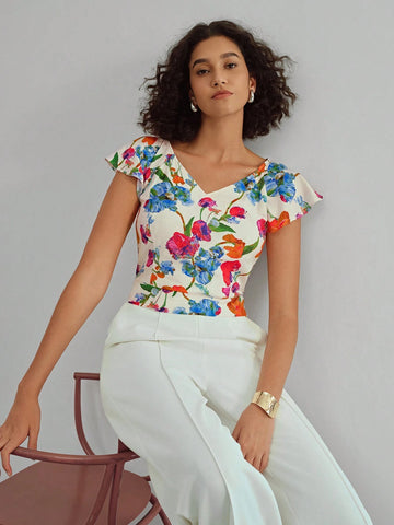 MOTF X MARIA-VICTORIA CHECA FLORAL PRINT V-NECK FLUTTER SLEEVE BLOUSE