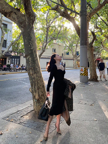 MRStore Black Square Neck Long Sleeve Dress, High-End French Style, Slimming Fitted Midi Skirt, Suitable For Banquet, Ball, Evening Gown