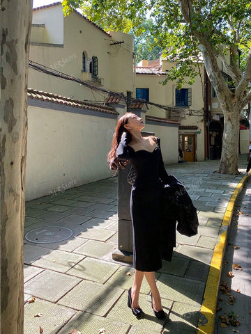 MRStore Black Square Neck Long Sleeve Dress, High-End French Style, Slimming Fitted Midi Skirt, Suitable For Banquet, Ball, Evening Gown