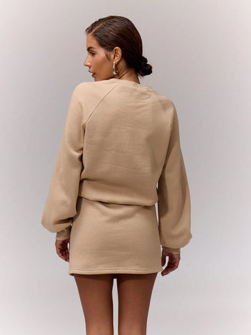 MUSERA Crew Neck Long Sleeve Ruched Side Dress