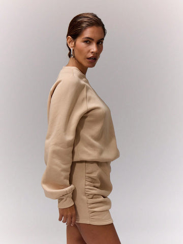 MUSERA Crew Neck Long Sleeve Ruched Side Dress