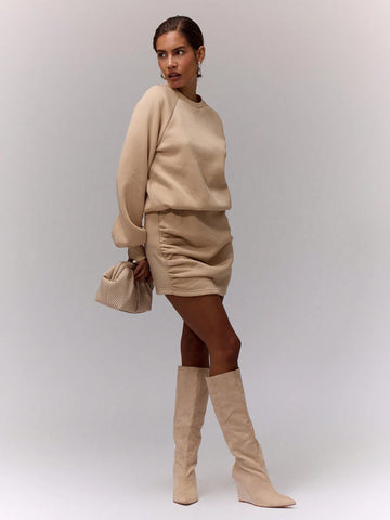 MUSERA Crew Neck Long Sleeve Ruched Side Dress