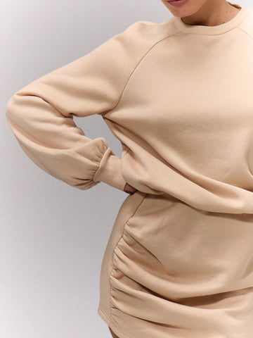 MUSERA Crew Neck Long Sleeve Ruched Side Dress