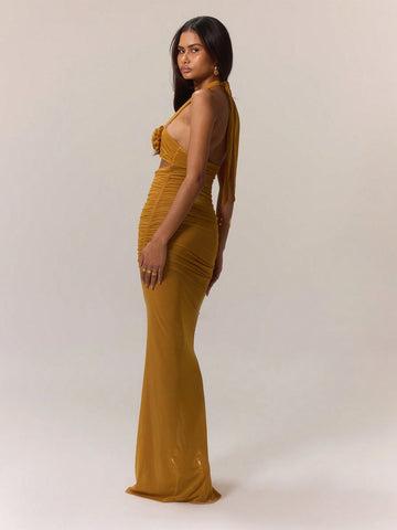 MUSERA Elegant Mesh Floral Patched Halter Neck Maxi Dress