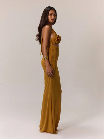 MUSERA Elegant Mesh Floral Patched Halter Neck Maxi Dress