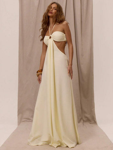 MUSERA Elegant Romantic Halterneck O-Ring Detail Cut Out Sides Loose Wide Leg Jumpsuit For Spring Summer Vacation Holiday Beachwear IbizaBoho Spring Summer Vacation Beachwear