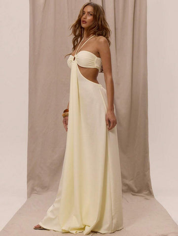 MUSERA Elegant Romantic Halterneck O-Ring Detail Cut Out Sides Loose Wide Leg Jumpsuit For Spring Summer Vacation Holiday Beachwear IbizaBoho Spring Summer Vacation Beachwear