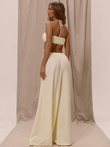 MUSERA Elegant Romantic Halterneck O-Ring Detail Cut Out Sides Loose Wide Leg Jumpsuit For Spring Summer Vacation Holiday Beachwear IbizaBoho Spring Summer Vacation Beachwear