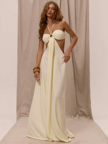 MUSERA Elegant Romantic Halterneck O-Ring Detail Cut Out Sides Loose Wide Leg Jumpsuit For Spring Summer Vacation Holiday Beachwear IbizaBoho Spring Summer Vacation Beachwear