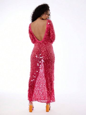 MUSERA Elegant Sequin Long Sleeve Mermaid Hem Maxi Dress