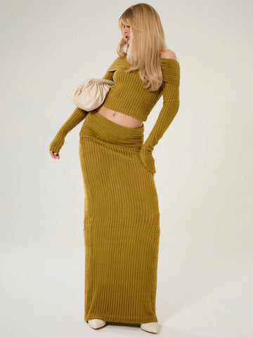 MUSERA Fluffy Rib Foldover Waist Maxi Skirt