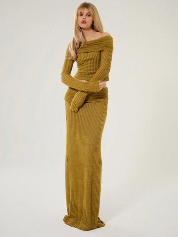 MUSERA Fluffy Rib Foldover Waist Maxi Skirt