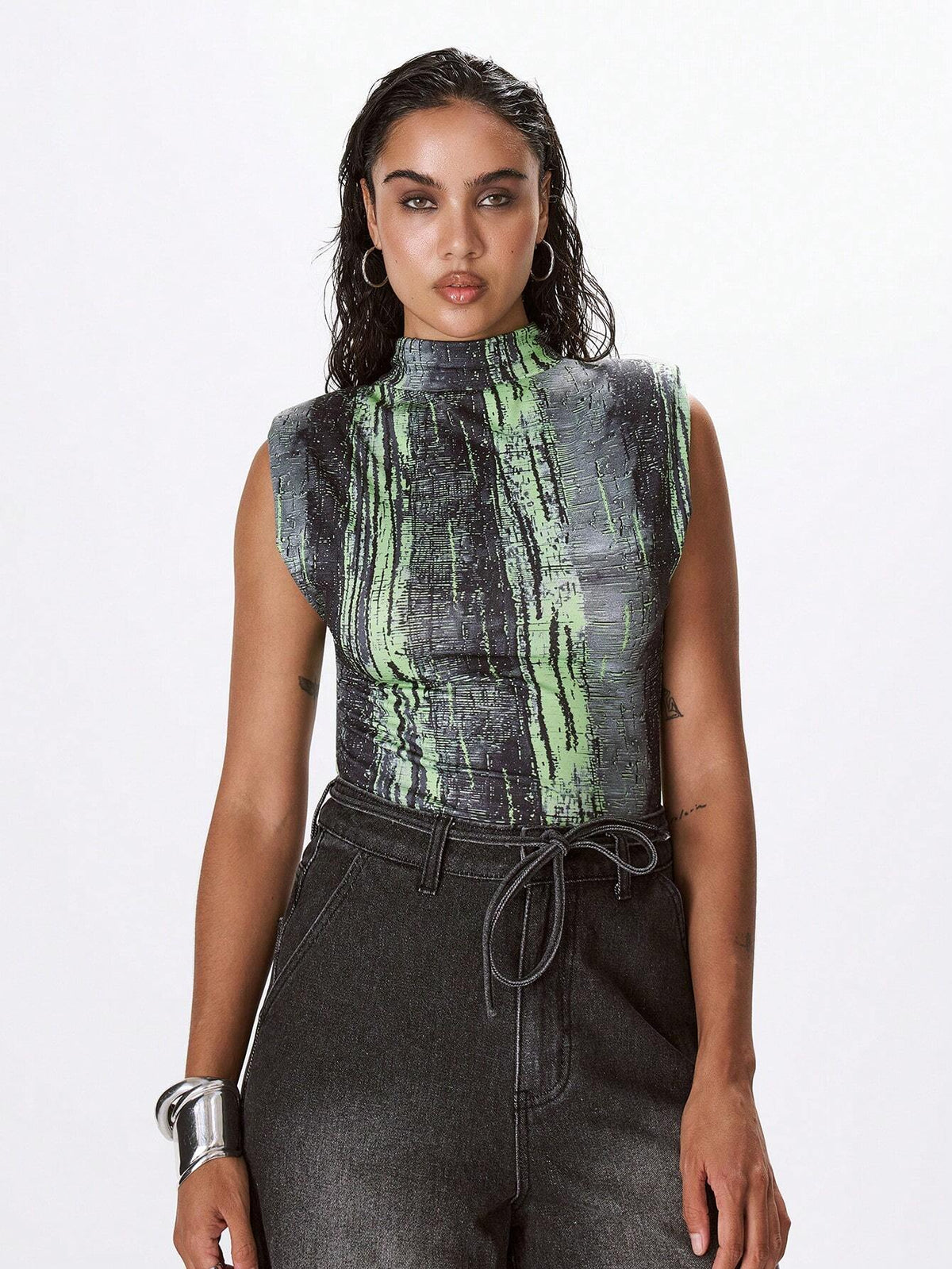 MUSERA High Neck Printed Bodysuit With Shoulder Pads