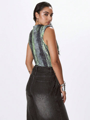 MUSERA High Neck Printed Bodysuit With Shoulder Pads