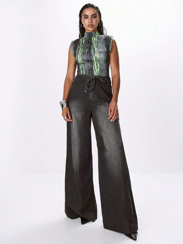 MUSERA High Neck Printed Bodysuit With Shoulder Pads