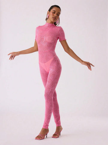 MUSERA Lace Short Sleeve Tight Fit Jumpsuit