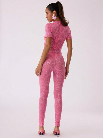 MUSERA Lace Short Sleeve Tight Fit Jumpsuit