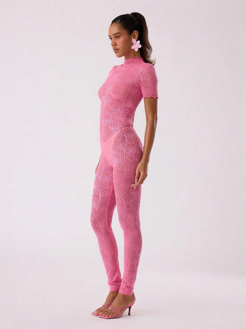 MUSERA Lace Short Sleeve Tight Fit Jumpsuit
