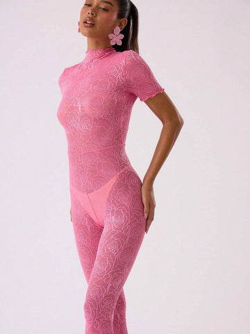 MUSERA Lace Short Sleeve Tight Fit Jumpsuit