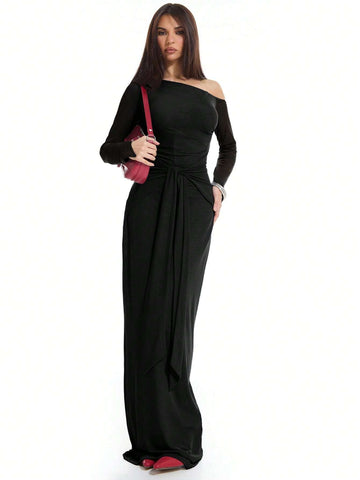 MUSERA Long Sleeve Tie Waist Mesh Maxi Dress