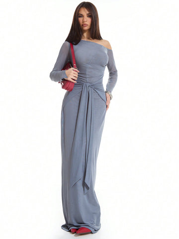 MUSERA Long Sleeve Tie Waist Mesh Maxi Dress