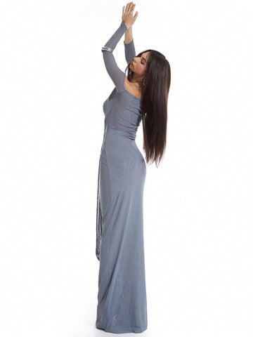 MUSERA Long Sleeve Tie Waist Mesh Maxi Dress
