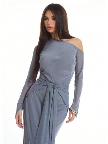 MUSERA Long Sleeve Tie Waist Mesh Maxi Dress
