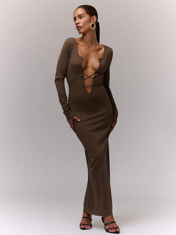 MUSERA Notch Criss Cross Front Long Sleeve Midaxi Dress