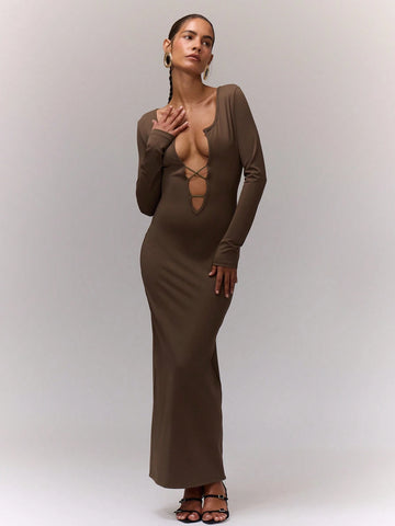 MUSERA Notch Criss Cross Front Long Sleeve Midaxi Dress