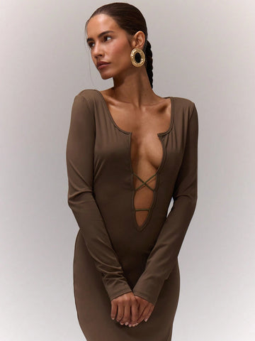 MUSERA Notch Criss Cross Front Long Sleeve Midaxi Dress