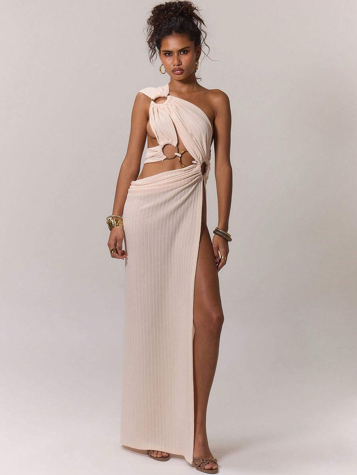 MUSERA One Shoulder Ring Detail Cut Out Slit Thigh Maxi Dress