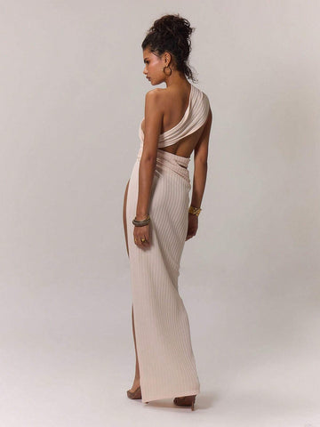 MUSERA One Shoulder Ring Detail Cut Out Slit Thigh Maxi Dress