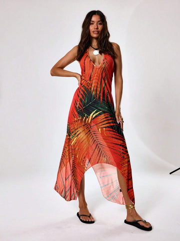 MUSERA Palm Print Cut Out Deatil Maxi Dress
