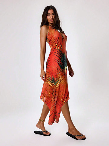 MUSERA Palm Print Cut Out Deatil Maxi Dress