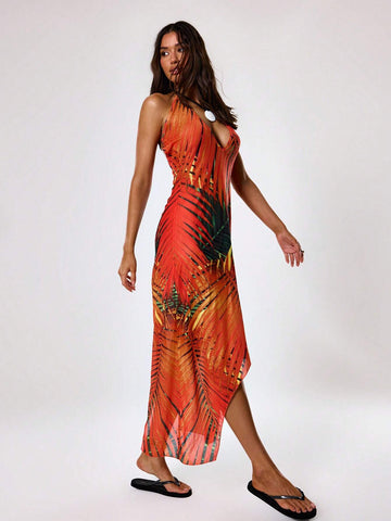 MUSERA Palm Print Cut Out Deatil Maxi Dress