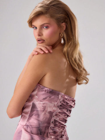 MUSERA Prined Satin Frill Hem Corset Mini Dress