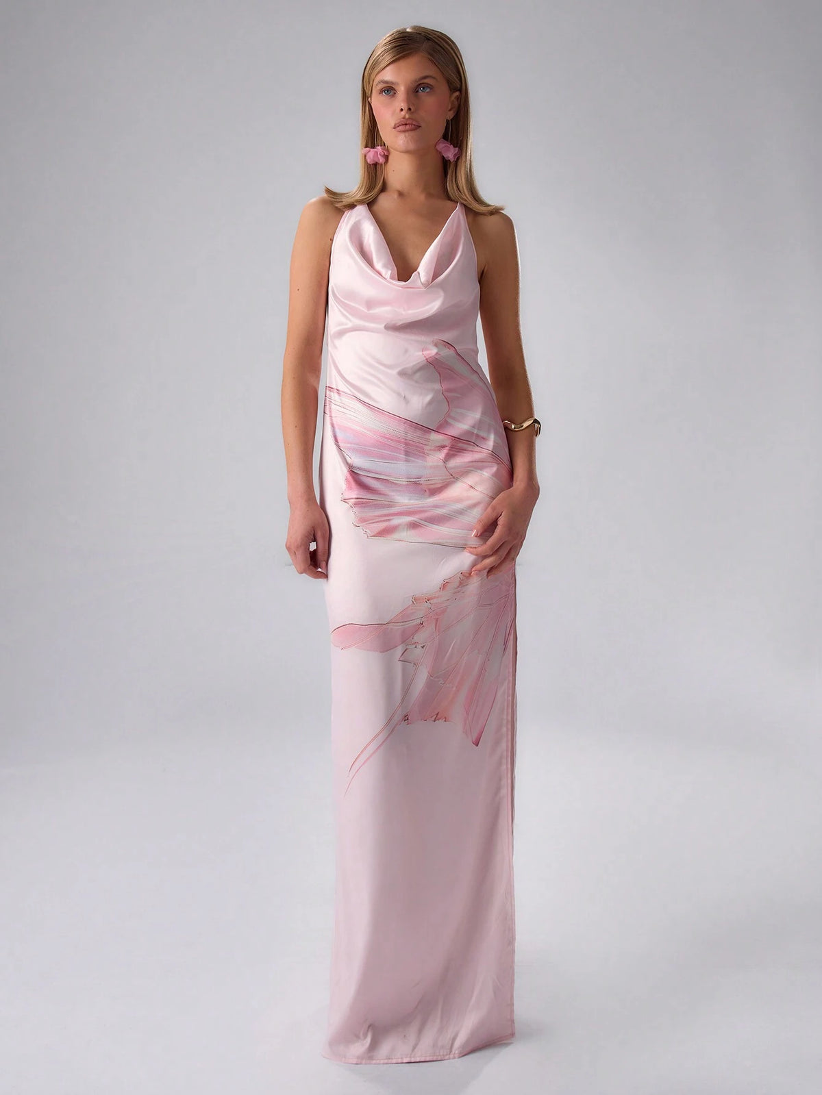 MUSERA Printed Satin Cowl Neck Maxi Dress