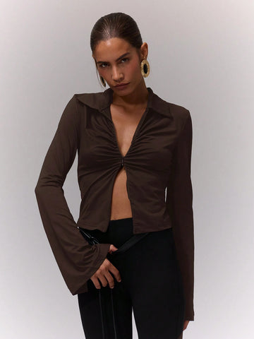 Ruched Front Collared Zip Up Top