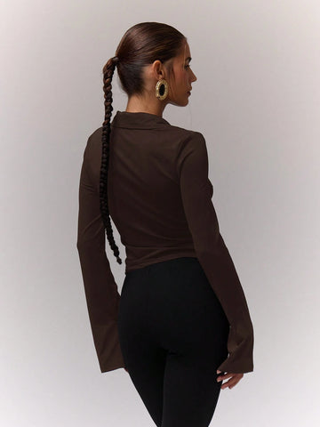 Ruched Front Collared Zip Up Top