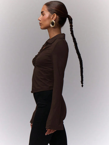 Ruched Front Collared Zip Up Top